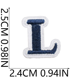 Mini navy blue embroidered letter L patch with white border for clothing and bags