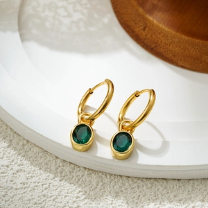 18K gold plated stainless steel hoop earrings with removable green zircon pendant