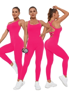 Detailed views of seamless rose red yoga jumpsuit showing criss-cross open back design