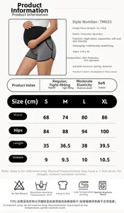 Detailed maternity shorts size chart showing measurements and 90% polyester fabric info