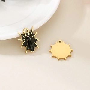 Halloween stainless steel charms set featuring gold spider web and black enamel spider