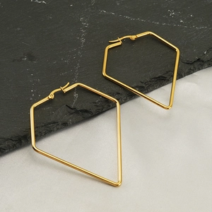 Minimalist geometric gold stainless steel hoop earrings on a high-contrast stone background