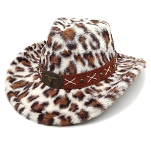 Detail of leopard print cowboy hat featuring leather band and bronze bull head buckle