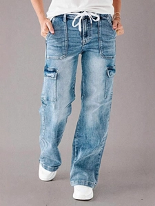 Women's light blue cargo jeans with drawstring waist and multi-pocket straight leg design