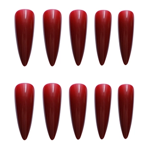Glossy deep red stiletto press-on nails set with 10 pointed gradient artificial nails