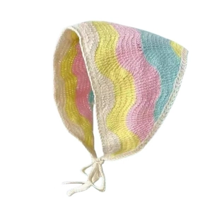 Detail of colorful wavy crochet knit bandana with soft textures and stylish chin straps