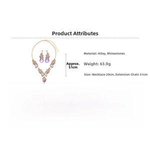 Detailed size and material specs for the vintage purple rhinestone jewelry set
