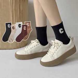 Women's Casual Mid-calf Socks Letter C Embroidery Breathable Polyester Crew Socks Ribbed Cuff Fashion Athletic Daily Socks