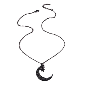 Gothic black hollow crescent moon and star pendant necklace on a minimalist fine chain