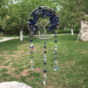 Detailed tree of life suncatcher with lapis lazuli stones and crystal prism drops
