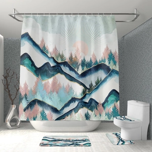 Modern watercolor mountain forest shower curtain set with matching rugs for bathroom decor