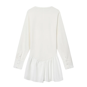 White batwing sleeve dress with tiered ruffle hem and buttoned cuffs, back flat lay view