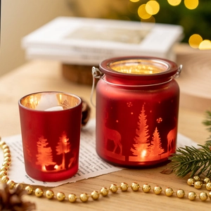 Set de photophores de Noël en verre rouge dépoli avec motifs rennes et flocons de neige