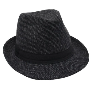 Detailed view of the fedora hat featuring a woven grey texture and black silk ribbon