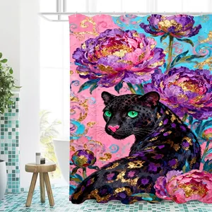 Künstlerischer 3D Duschvorhang mit schwarzem Leoparden und rosa Blumen Ölmalerei Muster