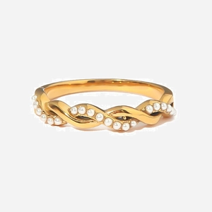 Stainless Steel Gold Plated Twisted Braided Ring With Inlaid White Artificial Pearls Elegant Vintage French Style For Women