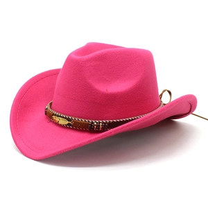 Detailed macro of pink felt cowboy hat featuring brown braided band and gold feather pendant