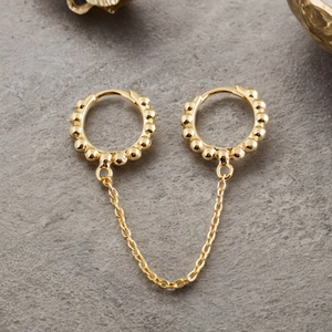 S925 Sterling Silver Double Piercing Connector Hoop Earrings With Chain Single Piece Gold Silver Geometric Bead Earrings Jewelry