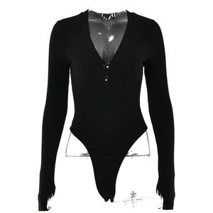 Detailed view of black V-neck long sleeve bodysuit featuring ribbed texture and buttons