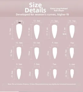 Detailed size chart for stiletto press-on nails featuring 12 different width and length specs
