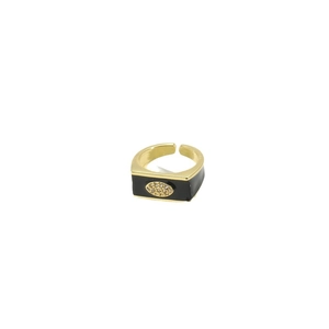 Minimalist gold evil eye ring with black enamel inlay and clear gemstone detail