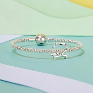 S925 sterling silver mesh bracelet featuring a heart-shaped dachshund charm with zircon