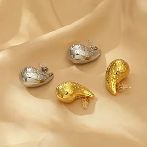 Hammered Teardrop Stud Earrings 18K Gold Plated Stainless Steel Hollow Waterdrop Shape For Women Fashion Jewelry