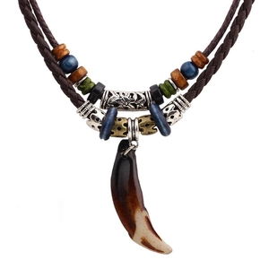 Bohemian double-layer choker with brown leather cord, colored wooden beads and tusk pendant