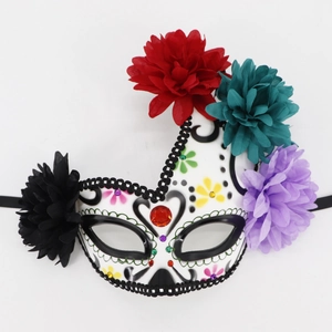 Day of the Dead sugar skull mask with vibrant colorful fabric flowers and rhinestones