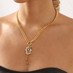 Collier en Acier Inoxydable Plaqué Or Style Occidental Avec Pendentif Mauvais Œil Main De Fatma Lune Gland Strass Bijoux Femme