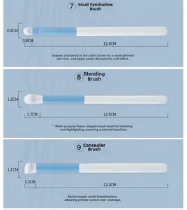 Detailed sizes for eyeshadow, blending, and concealer brushes in light blue and white
