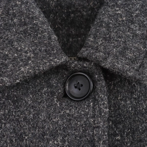Close-up of lapel and button on dark grey wool blend British style coat for women