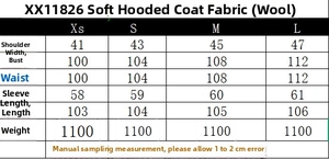 Detailed size chart for the soft hooded coat with measurements for XS to L sizes