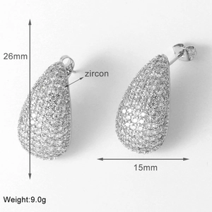 Detailed dimension guide for teardrop earrings with zircon inlay showing size and weight