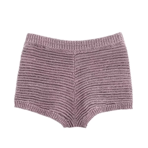 Two-piece mauve knitted set with textured wave pattern shorts on plain white background