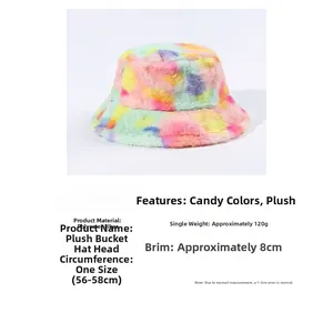 Detail showing plush bucket hat dimensions with 8cm brim and soft polyester faux fur texture