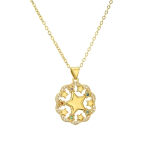 Elegant gold necklace with a hollow star pendant featuring colorful zircon stones on white background
