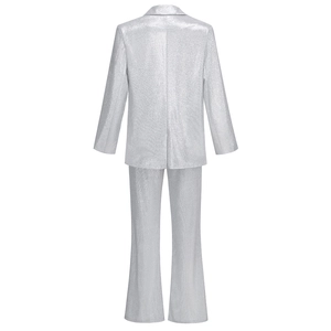 Detailed rear view of silver sequin blazer and trousers set with metallic texture