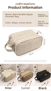 Detailed size specifications for the vintage double-zipper leather cosmetic travel bag