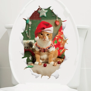 Christmas Toilet Lid Sticker 3D Broken Wall Effect Cartoon Cat Santa Hat Sweater PVC Removable Bathroom Decoration