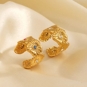 Golden flower hoop earrings with textured finish and colorful rhinestone centerpieces