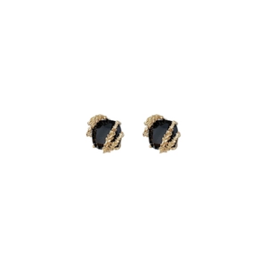 Vintage gold plated wheat-inspired earrings with black square gem and zircon accents