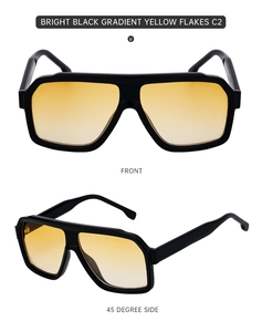 Square fashion sunglasses with black frames and yellow gradient lenses in two view angles