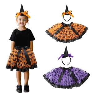 Halloween Costume Witch Hat Headband And Mesh Tutu Skirt Pumpkin Bat Print Party Cosplay For Kids Girls