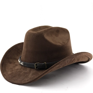Retro Western Cowboy Hat Suede Felt Belt Buckle Decor Wide Roll Brim Outdoor Ethnic Style For Men Women