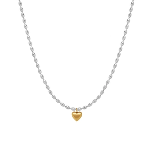 Two-tone heart pendant necklace with silver bead chain and matte gold heart charm