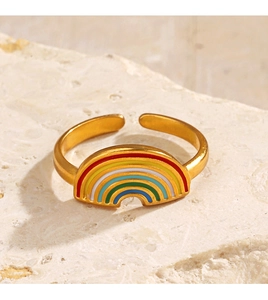 Detail of gold-plated rainbow open ring with colorful enamel inlay on stone surface