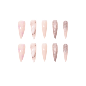 Long almond press-on nails with nude pink marble swirl, purple tint and glitter accents
