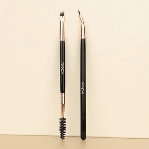 Professional Double Ended Eyebrow Brush And Angled Eyeliner Brush Synthetic Fiber Bristles Wood Handle Rose Gold Ferrule