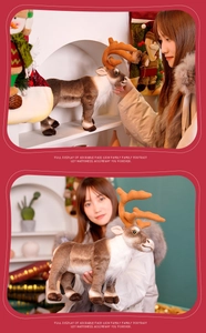 Detailed close-up of realistic plush reindeer holiday decor in a festive home setting